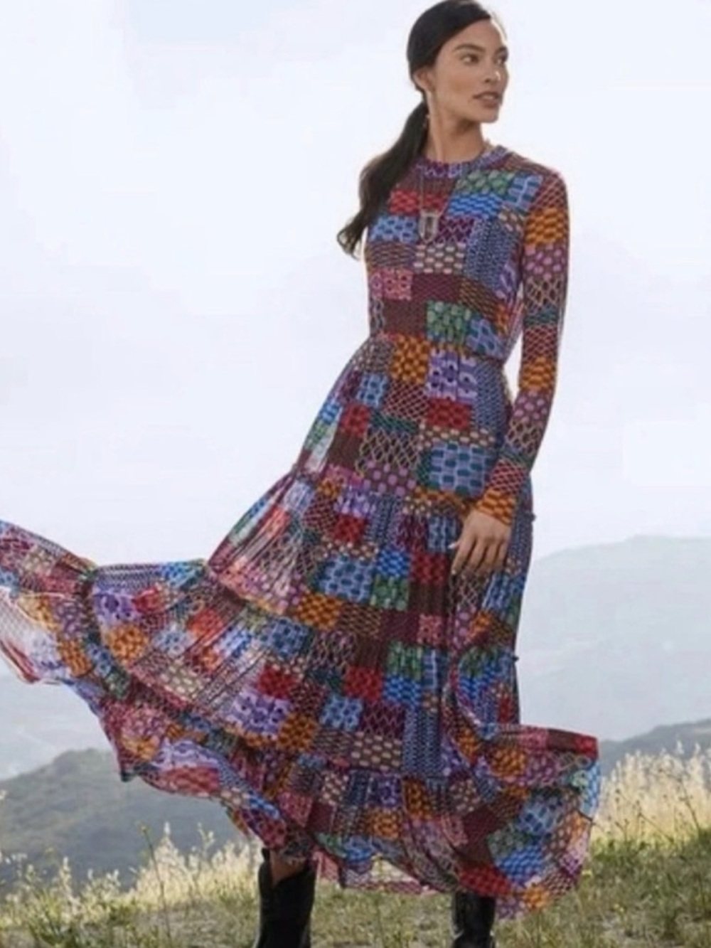 Johnny Was Jade Isadora Waves Mesh Midi Dress
Patchwork Print Tiered Size XL
